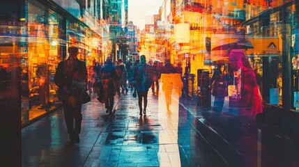 Canvas Print - Abstract Cityscape with Silhouettes of People Walking in the Street