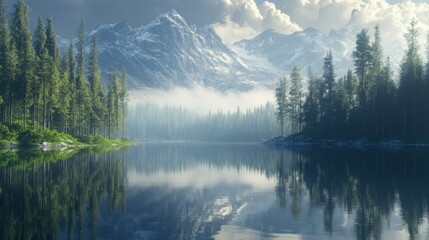 Canvas Print - Serene Mountain Lake with Reflections of Trees and Clouds