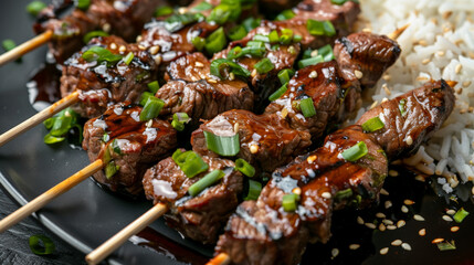 Grilled beef skewers with teriyaki glaze served with rice and garnished with green onions create delicious and appetizing dish.