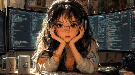 Anime girl programmer working on code, concept art