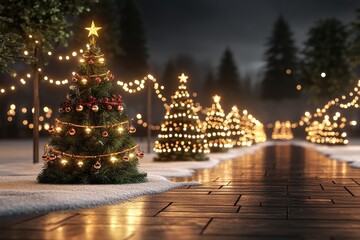 Festive outdoor scene of a Christmas market with beautifully decorated trees lights and a snowy village path creating holiday charm