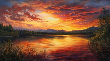 Canvas Print - A Tranquil Lake Reflecting the Golden Hues of a Fiery Sunset