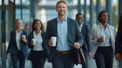 Wall Mural - Businesspeople stroll through a contemporary office building, sipping takeout coffee and beaming