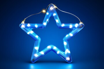 Wall Mural - Blue star shaped holiday lights hanging against a deep blue background representing festive decorations and the joy of the holiday season