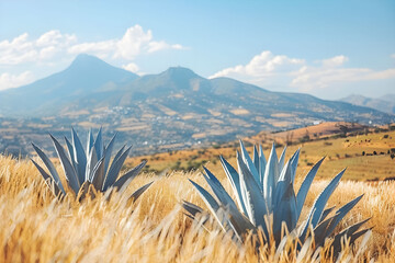 Blue agave in nature on a field against the background of mountains