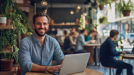 Young freelancer happily working on his laptop in a bustling coffee shop filled with busy individuals