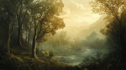 Poster - A Misty River Winding Through a Forest and Mountain Range at Sunset