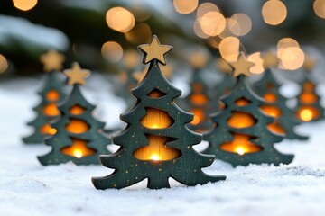 Poster - Wooden miniature Christmas trees glowing with warm lights on a snow covered surface evoking holiday spirit handcrafted decor and winter night ambiance