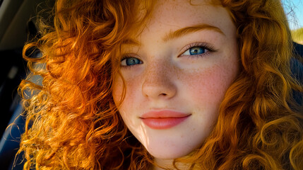 Wall Mural - Close-up photo of a cute girl with curly red hair and blue eyes taking a selfie in the car.