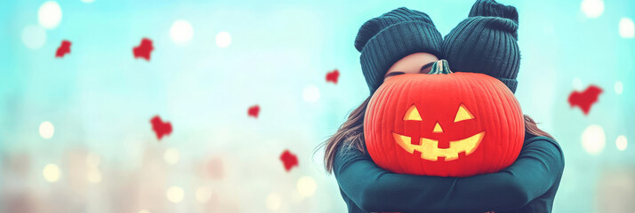 Wall Mural - Young woman in a beanie embraces a jack-o-lantern.