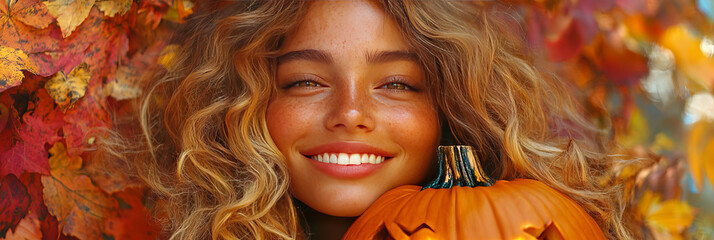 Wall Mural - Young woman with curly hair smiles holding a pumpkin.