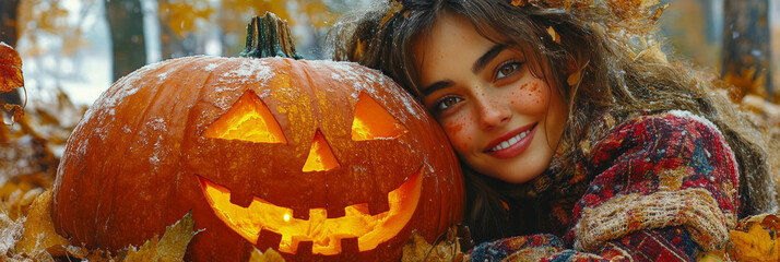 Wall Mural - Smiling woman with a glowing jack-o'-lantern