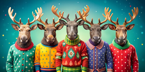 creative animal concept. group of moose in funky wacky wild mismatch colourful outfits on bright bac