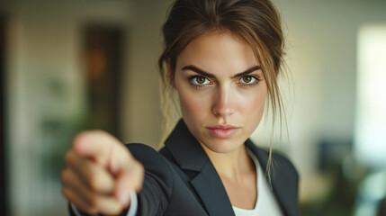 Serious businesswoman pointing directly at the camera with a determined expression