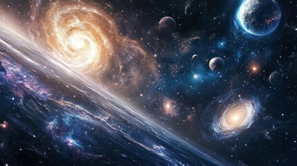 Poster - A Cosmic Landscape with Planets, Stars, and Two Spiral Galaxies