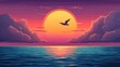 © ProPhotos - A beautiful seascape at dusk, showing a colorful sunset reflected in the ocean as a seagull soars in the sky, capturing the spirit of summer.