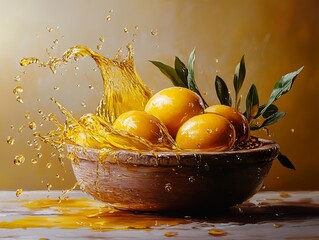 Poster - Fresh Oranges in a Bowl with Splashing Juice