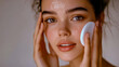 © Nikname - Close-up of a beautiful woman gently cleaning her face using a cleansing cotton pad.