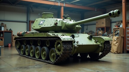 Tank model from World War II displayed in a camouflage design, showcasing its armored vehicle features, heavy cannon, and military power in a battle-ready pose