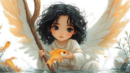 Sticker - Cute angel girl with wings holding goldfish, fantasy art illustration