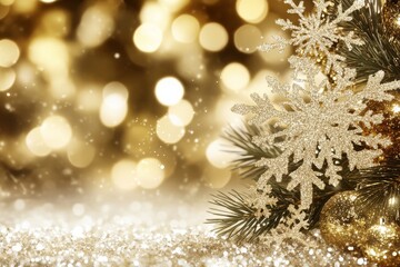 Sticker - Glittering snow covered pine branches with golden bokeh lights in the background symbolizing peaceful winter decor festive beauty and holiday warmth