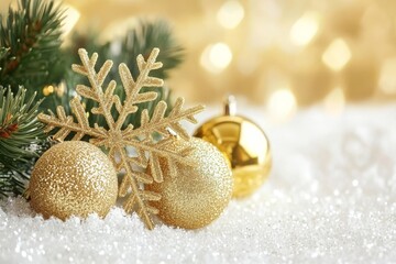 Wall Mural - Glittering golden and white snowflakes resting on soft snow with bokeh lights in the background symbolizing peaceful holiday warmth festive winter decor and cozy seasonal charm