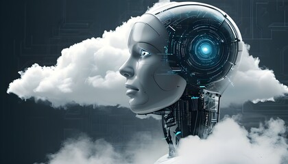 Wall Mural - Futuristic Vision of Artificial Intelligence and Cloud Computing with Character Navigating Digital Clouds