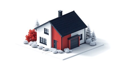 Isometric 3D model of a house with snow around it