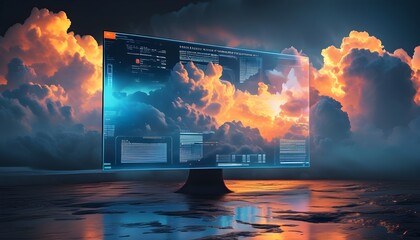 Wall Mural - Futuristic Cloud Computing Analytics on Holographic Screen in a Dramatic Atmospheric Setting