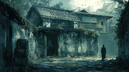 Wall Mural - A solitary figure walks through the abandoned ruins of a forgotten village