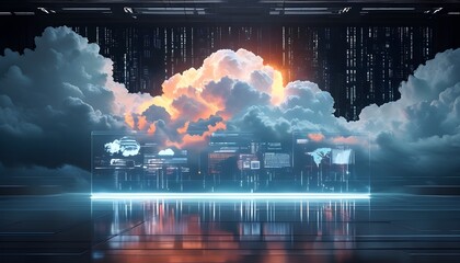 Canvas Print - Futuristic Cloud Computing Analytics on Holographic Screen in a Dramatic Atmospheric Setting