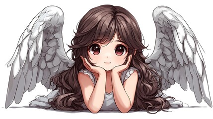 Poster - Cute anime angel girl with brown hair and large eyes, lying down with wings spread