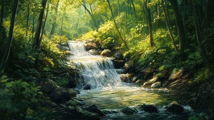 Sticker - Tranquil Forest Waterfall and Stream