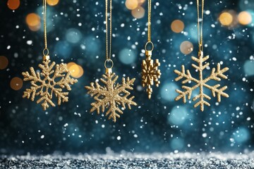 Wall Mural - Golden snowflake ornaments hanging on pine branches with twinkling lights symbolizing elegant holiday decor festive seasonal charm and winter beauty