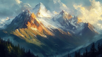 Wall Mural - A Majestic Mountain Range Bathed in Golden Sunlight