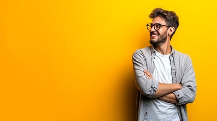 A young man smiles confidently while standing with his arms crossed against a bright yellow background. His casual and approachable demeanor makes this image perfect for personal branding or lifestyle