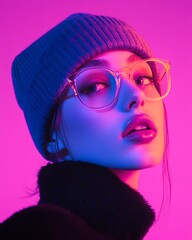 Sticker - Portrait of a woman with glasses wearing a beanie against neon pink and blue lighting