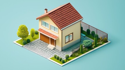 Isometric 3D Illustration of a Suburban House with a Garden and Fence