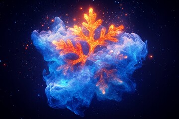 Poster - Fiery orange and blue fractal snowflake design against a black backdrop merging abstract science fiction elements with natural winter patterns in a visually striking display