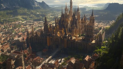 Sticker - Aerial View of a Majestic Golden Castle in a Lush Valley