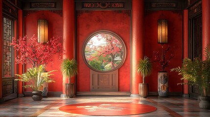 Canvas Print - Traditional Chinese Interior Design with Red Walls and Round Window