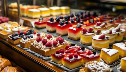 Wall Mural - Delightful bakery display featuring tempting desserts and savory snacks