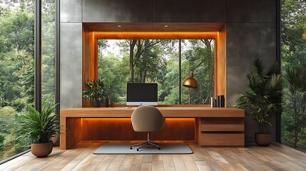 Wall Mural - Modern home office with large window overlooking green forest, desk with wooden top and chair, minimalist interior design