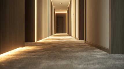 Modern hotel corridor with warm lighting and carpeted floor, interior design concept