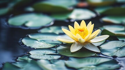 A single yellow water lily blooms amidst green lily pads in a tranquil pond.