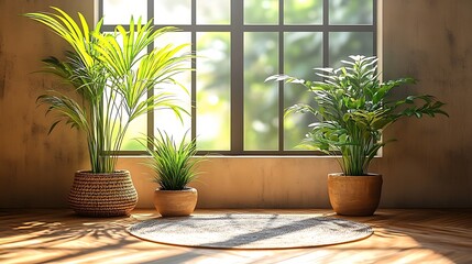 Poster - Indoor Plants Near Window with Sunlight and Round Rug