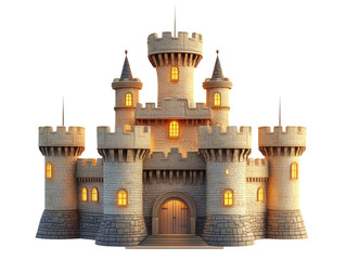 Fantasy castle with glowing windows, isolated on white background. transparent background