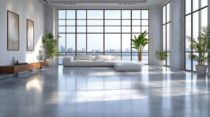 Wall Mural - Modern living room interior design with panoramic city view, white sectional sofa, polished concrete floor, and large windows