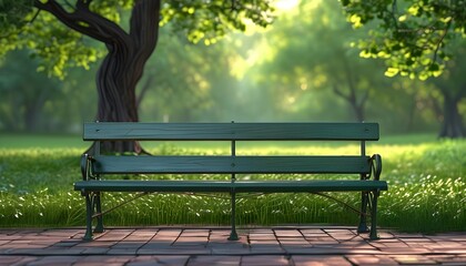 Serene park scene featuring a realistic long bench nestled among peaceful greenery and warm sunlight, evoking tranquility and relaxation