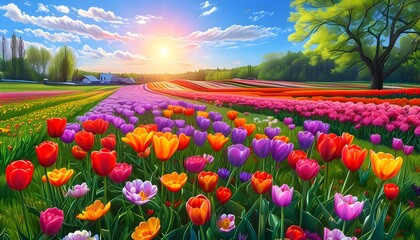 Canvas Print - Colorful tulips blossoming on lush grass under the warm spring sun, capturing the essence of natures renewal and the joy of vibrant seasonal beauty